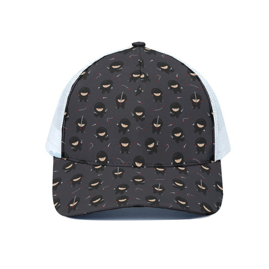 Little Ninja Pattern Print White Mesh Trucker Cap