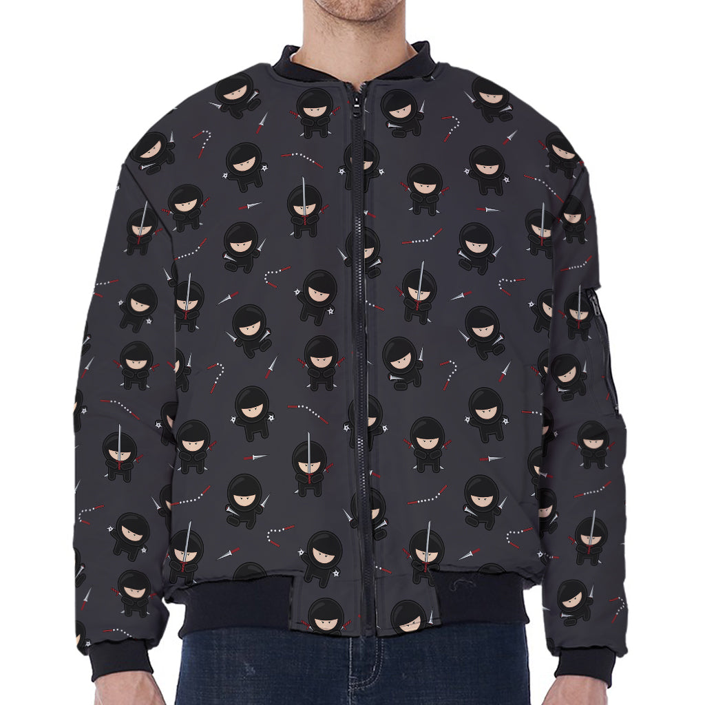 Little Ninja Pattern Print Zip Sleeve Bomber Jacket