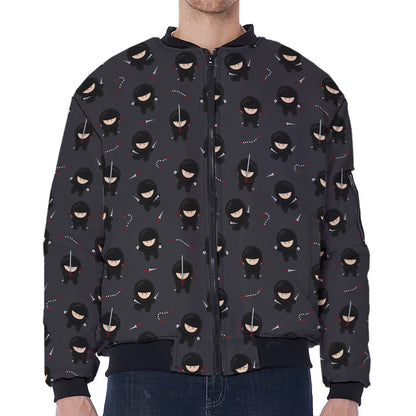 Little Ninja Pattern Print Zip Sleeve Bomber Jacket