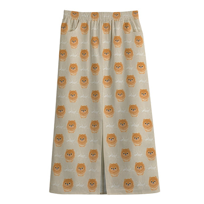 Little Pomeranian Pattern Print Cotton Front Slit Maxi Skirt
