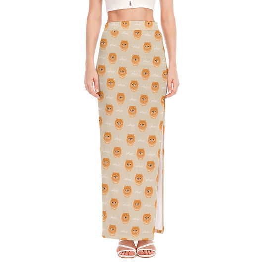Little Pomeranian Pattern Print High Slit Maxi Skirt