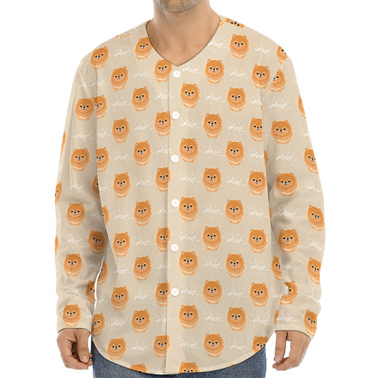 Little Pomeranian Pattern Print Long Sleeve Baseball Jersey