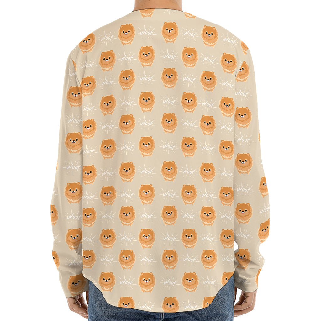 Little Pomeranian Pattern Print Long Sleeve Baseball Jersey