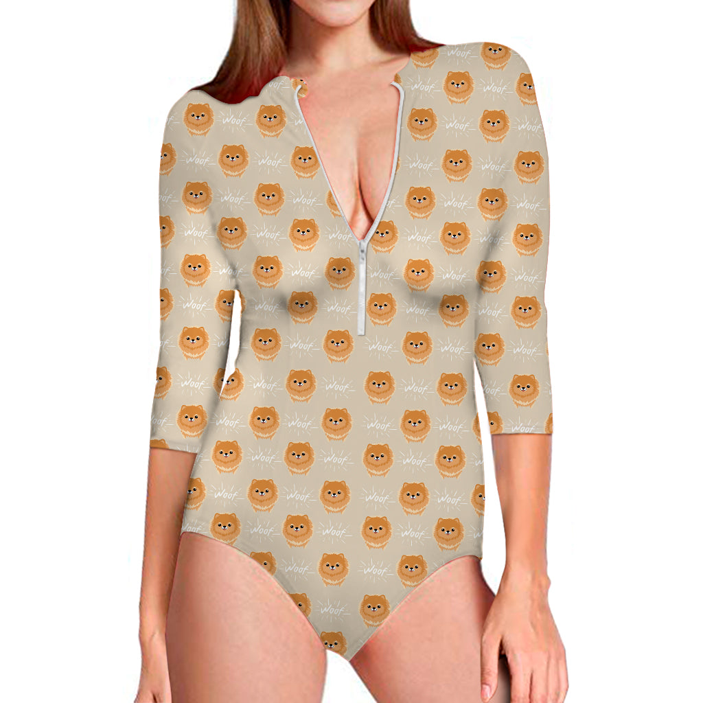 Little Pomeranian Pattern Print Long Sleeve Swimsuit
