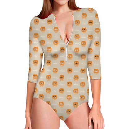 Little Pomeranian Pattern Print Long Sleeve Swimsuit