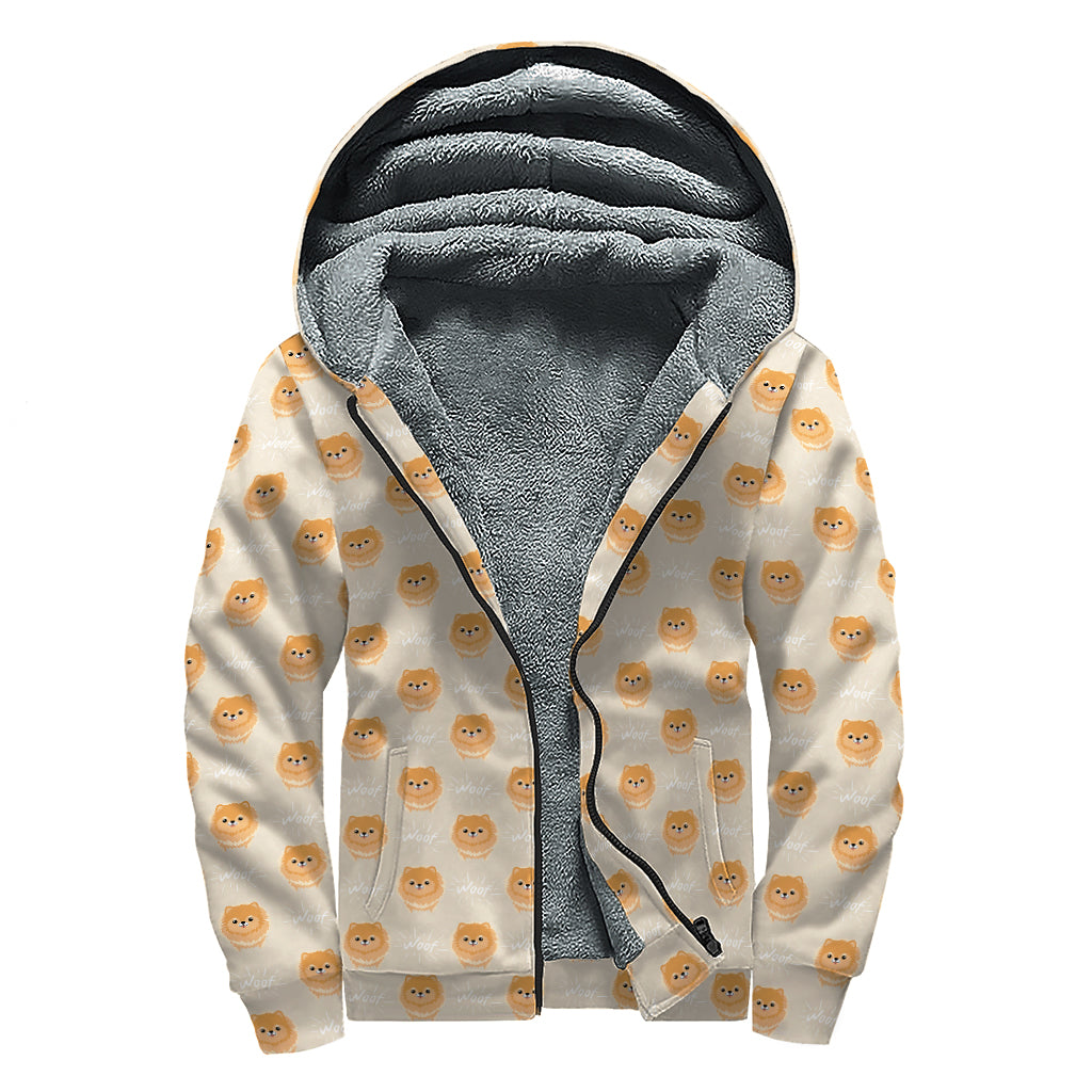 Little Pomeranian Pattern Print Sherpa Lined Zip Up Hoodie
