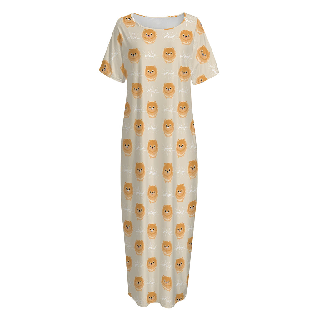 Little Pomeranian Pattern Print Short Sleeve Long Nightdress