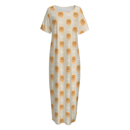 Little Pomeranian Pattern Print Short Sleeve Long Nightdress