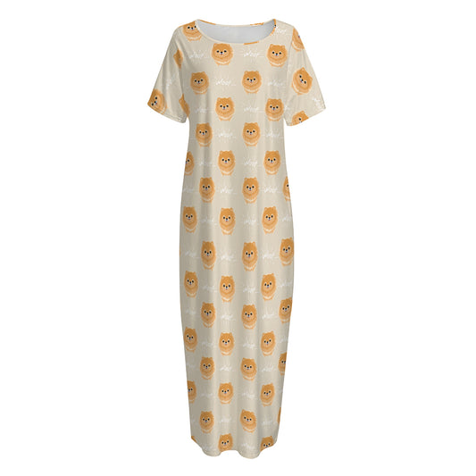 Little Pomeranian Pattern Print Short Sleeve Long Nightdress