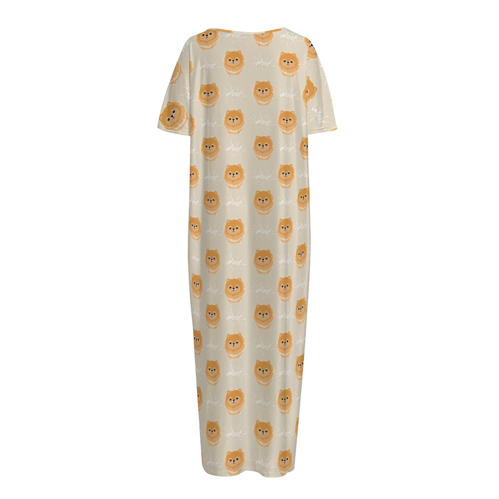 Little Pomeranian Pattern Print Short Sleeve Long Nightdress