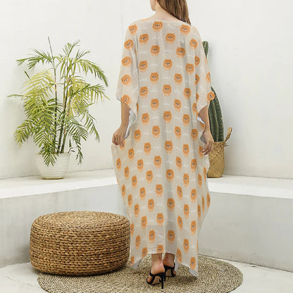 Little Pomeranian Pattern Print Silk V-Neck Kaftan Dress