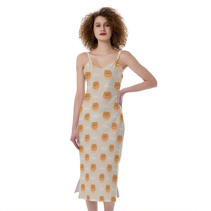 Little Pomeranian Pattern Print Slim Fit Midi Cami Dress
