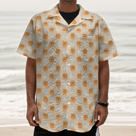 Little Pomeranian Pattern Print Textured Short Sleeve Shirt