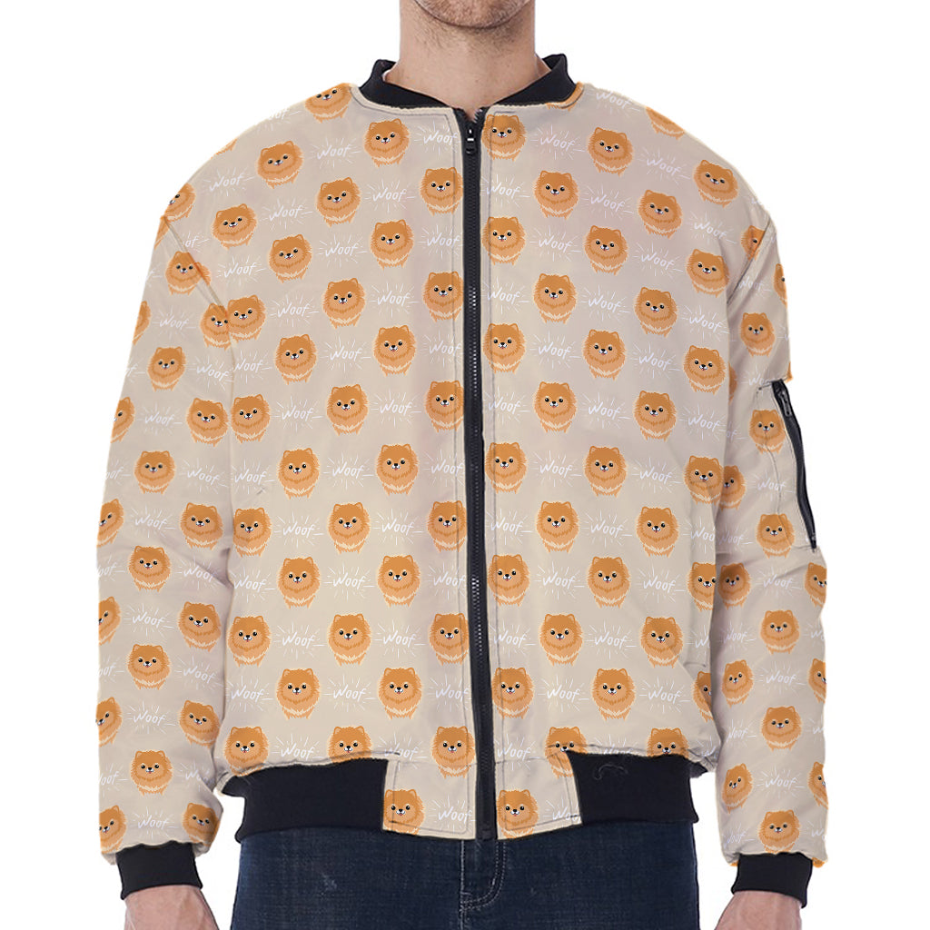 Little Pomeranian Pattern Print Zip Sleeve Bomber Jacket