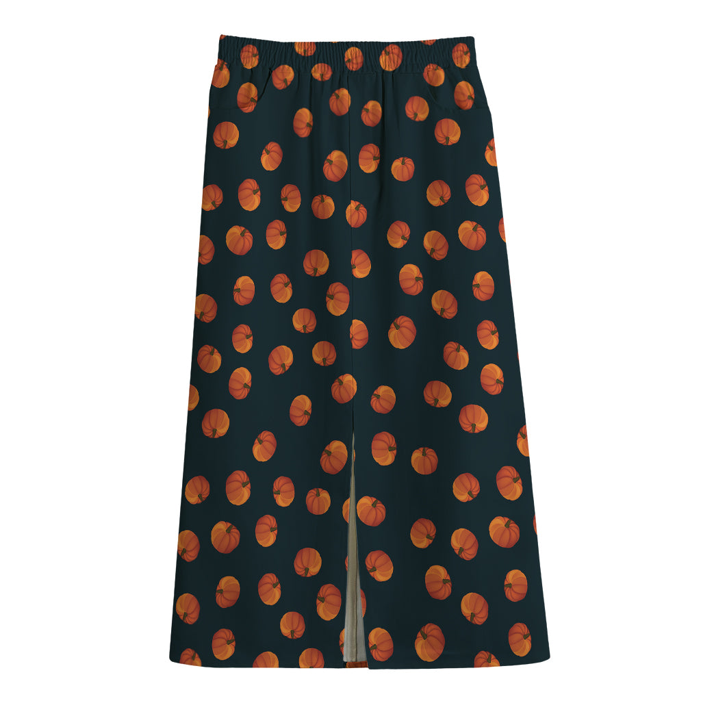 Little Pumpkin Pattern Print Cotton Front Slit Maxi Skirt