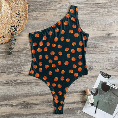 Little Pumpkin Pattern Print One Shoulder Bodysuit