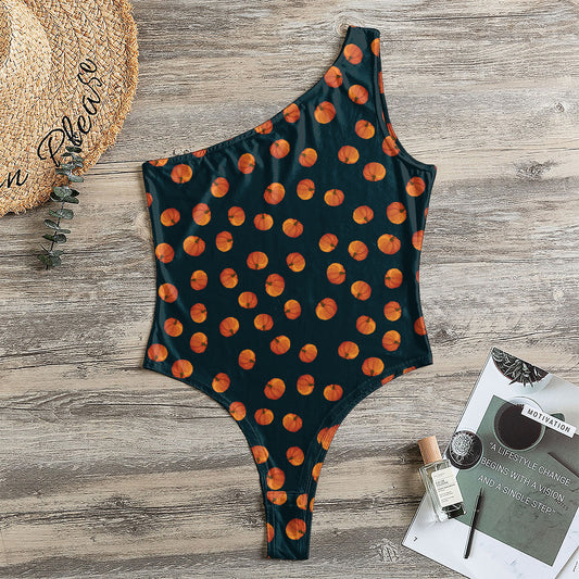 Little Pumpkin Pattern Print One Shoulder Bodysuit