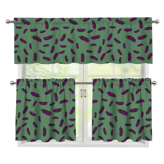 Little Purple Eggplant Pattern Print 3 Piece Kitchen Curtains