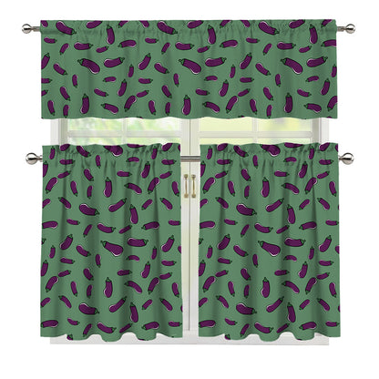 Little Purple Eggplant Pattern Print 3 Piece Kitchen Curtains