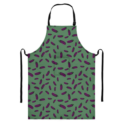 Little Purple Eggplant Pattern Print Bib Apron With Pocket