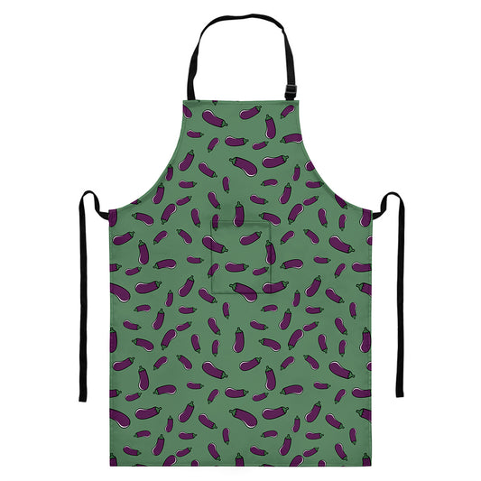 Little Purple Eggplant Pattern Print Bib Apron With Pocket