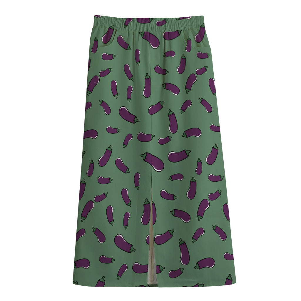 Little Purple Eggplant Pattern Print Cotton Front Slit Maxi Skirt