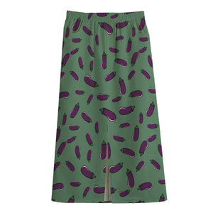 Little Purple Eggplant Pattern Print Cotton Front Slit Maxi Skirt