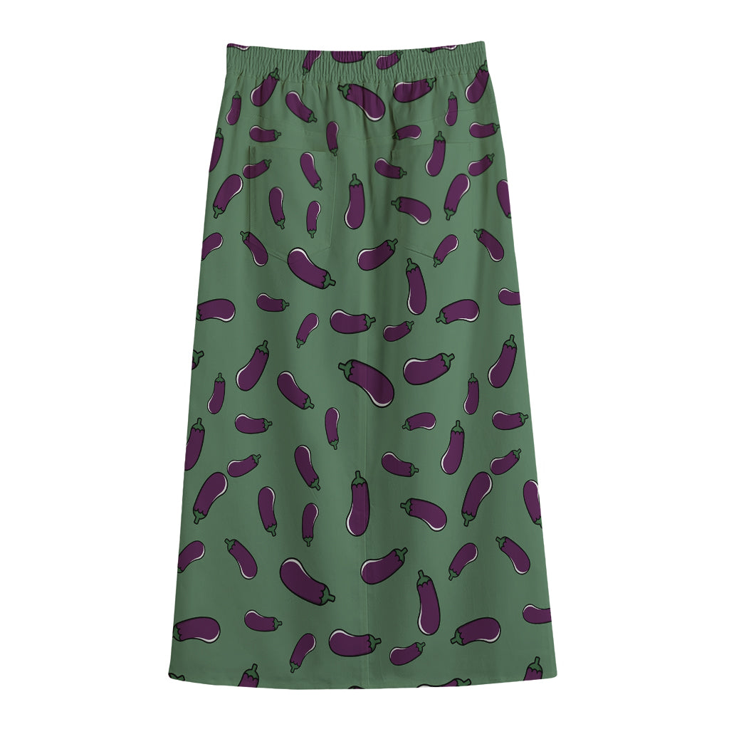 Little Purple Eggplant Pattern Print Cotton Front Slit Maxi Skirt