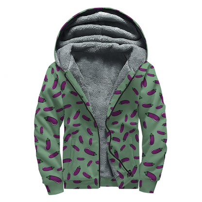 Little Purple Eggplant Pattern Print Sherpa Lined Zip Up Hoodie