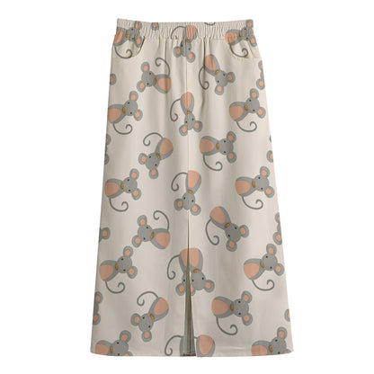 Little Rat Pattern Print Cotton Front Slit Maxi Skirt