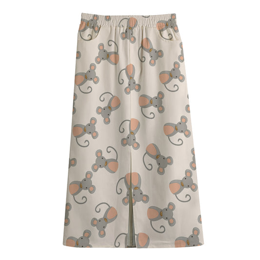 Little Rat Pattern Print Cotton Front Slit Maxi Skirt