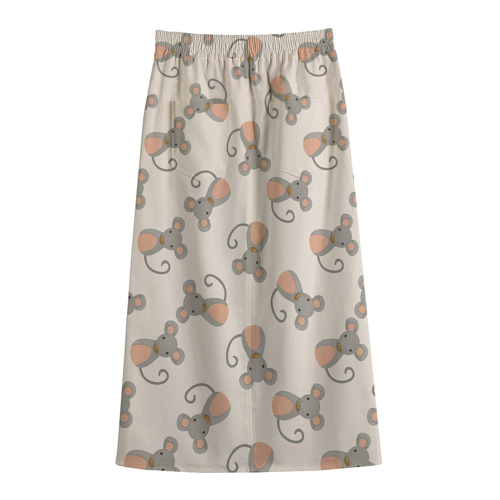 Little Rat Pattern Print Cotton Front Slit Maxi Skirt