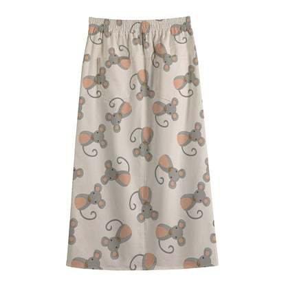Little Rat Pattern Print Cotton Front Slit Maxi Skirt