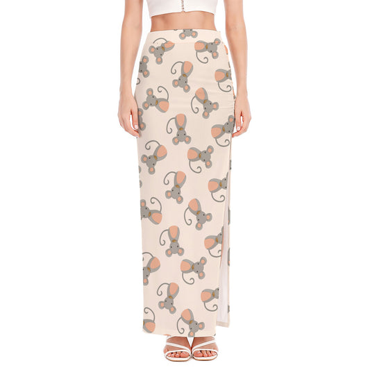 Little Rat Pattern Print High Slit Maxi Skirt