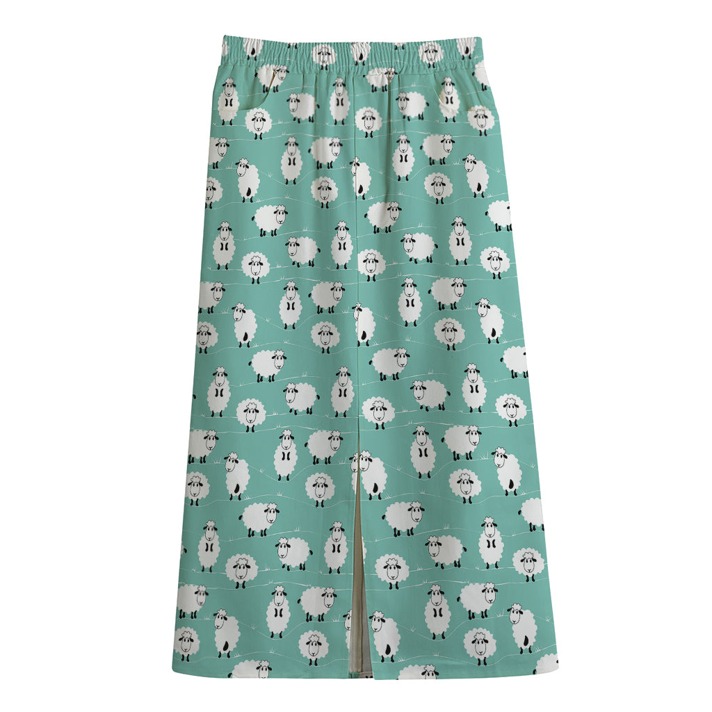 Little Sheep Pattern Print Cotton Front Slit Maxi Skirt