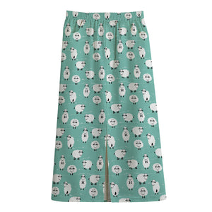 Little Sheep Pattern Print Cotton Front Slit Maxi Skirt