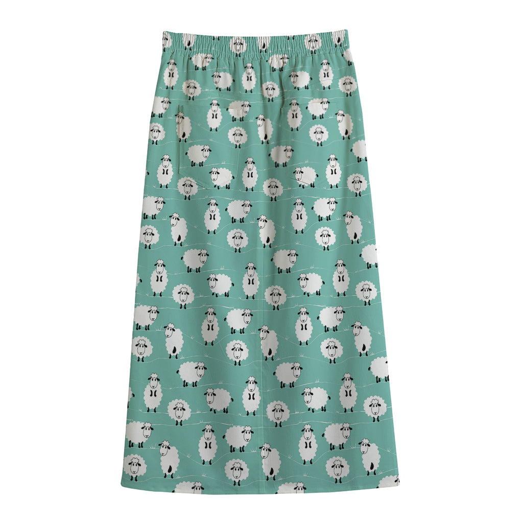 Little Sheep Pattern Print Cotton Front Slit Maxi Skirt