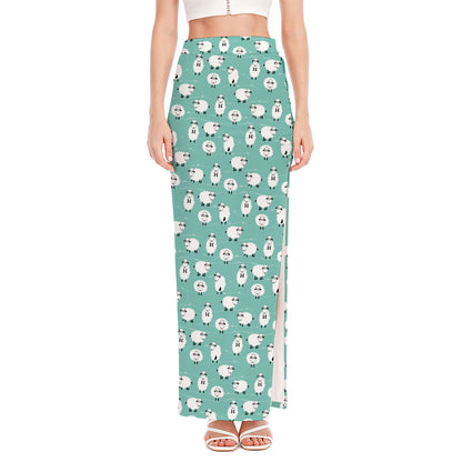 Little Sheep Pattern Print High Slit Maxi Skirt
