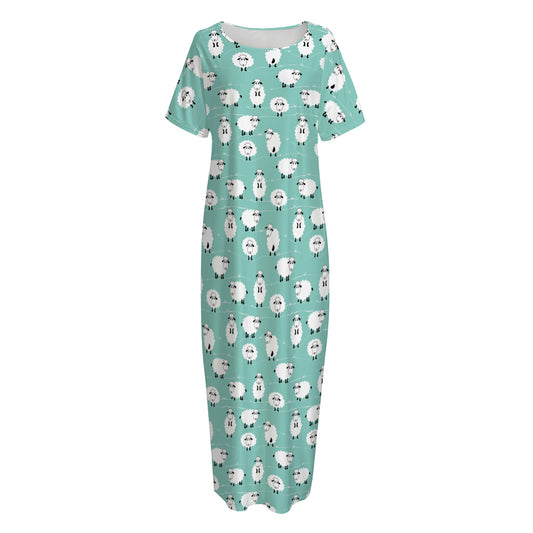 Little Sheep Pattern Print Short Sleeve Long Nightdress