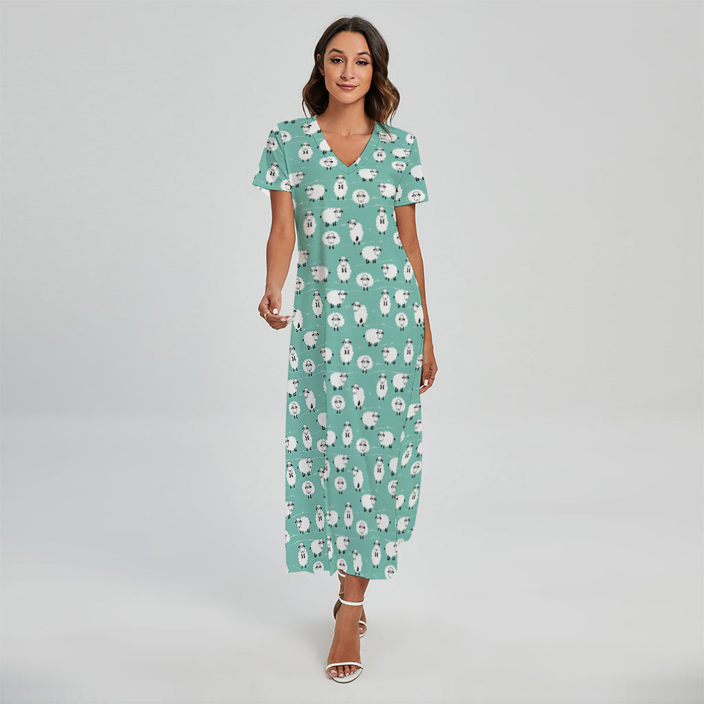 Little Sheep Pattern Print Short Sleeve Maxi Dress