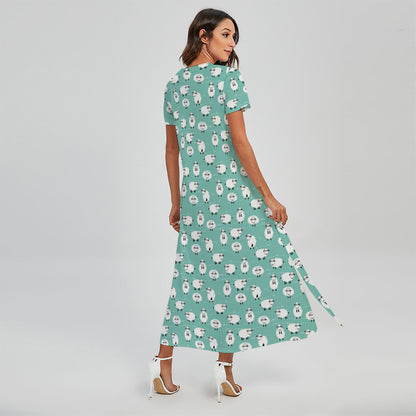 Little Sheep Pattern Print Short Sleeve Maxi Dress