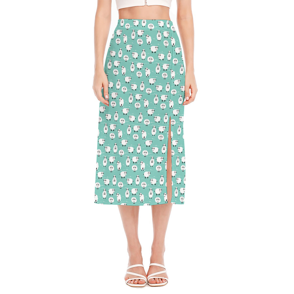 Little Sheep Pattern Print Side Slit Midi Skirt