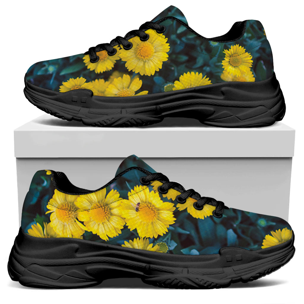 Little Yellow Daisy Print Black Chunky Shoes