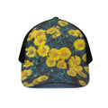Little Yellow Daisy Print Black Mesh Trucker Hat