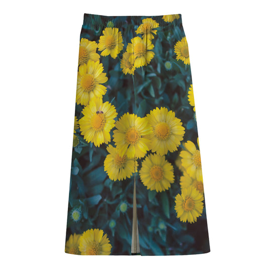 Little Yellow Daisy Print Cotton Front Slit Maxi Skirt