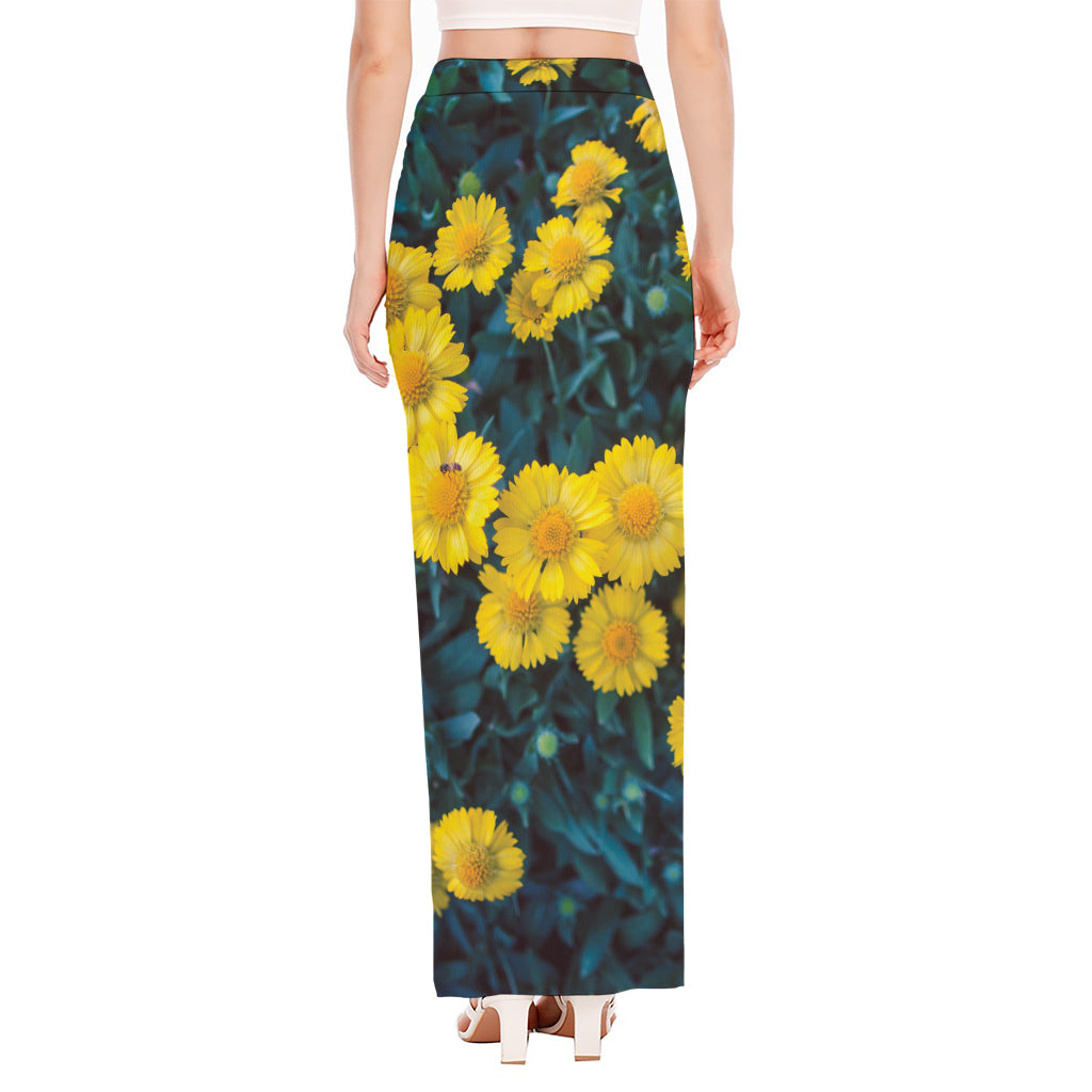 Little Yellow Daisy Print High Slit Maxi Skirt