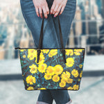 Little Yellow Daisy Print Leather Tote Bag