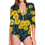 Little Yellow Daisy Print Long Sleeve Swimsuit
