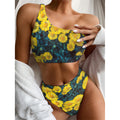 Little Yellow Daisy Print One Shoulder Bikini Set