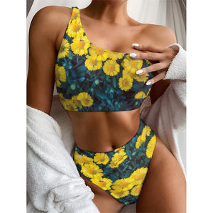 Little Yellow Daisy Print One Shoulder Bikini Top